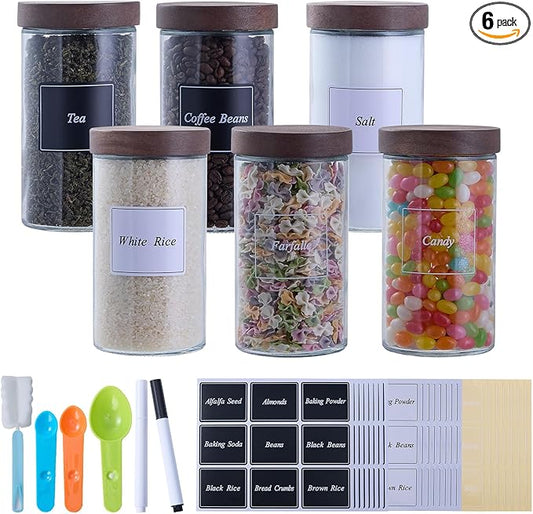 Glass Storage Jars with Labels, 6 Pack -24oz Clear Glass Food Storage Containers with Airtight Acacia Lid,Kitchen Canisters for Candy,Cookie,Rice,Sugar,Flour,Pasta,Nuts and Spice Jars