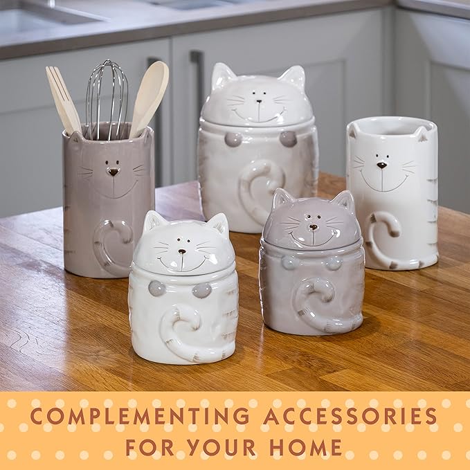 SPOTTED DOG GIFT COMPANY Cat Utensil Holder, Ceramic Utensil Crock, Cute Kitchen Countertop Decor, Baking & Cooking Tools Organizer, Gifts for Cat Lovers & Pet Owners 4.3" x 6.3"