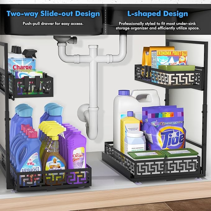 KIMCHOMERSE Under Sink Organizer Shelf, 2 Tier Pull Out Under Sink Rack, Under Counter Cabinet Organizer Storage Shelf for Bathroom Storage Organizer, Kitchen Pantry Cabinet Organizers -Black