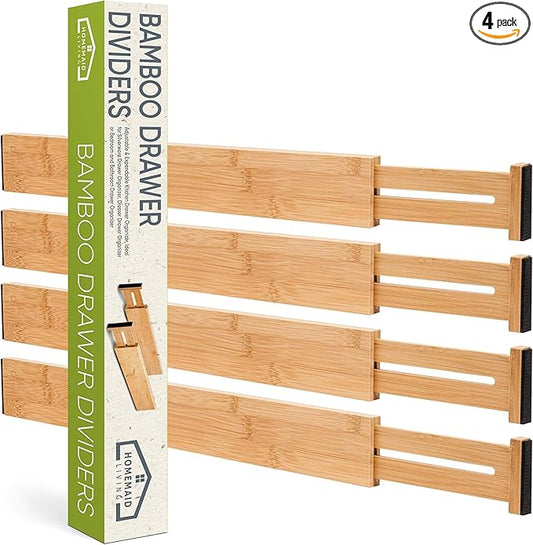 Homemaid Living Bamboo Drawer Organizer Adjustable and Expandable - Ideal Drawer Dividers for Kitchen, Dresser, Bedroom and Bathroom - Expandable Drawer Organizer Set of 4 - Water-Resistant Finish