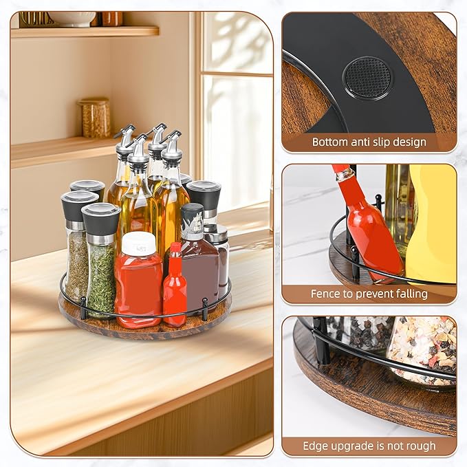 Single Tier Lazy Susan Spice Rack Organizer, 12-Inch Wooden Rotating Turntable for Compact Countertop Cabinet Storage, 360 Degree Non Slip Spice Carousel, Kitchen and Bathroom Decor Easy Clean