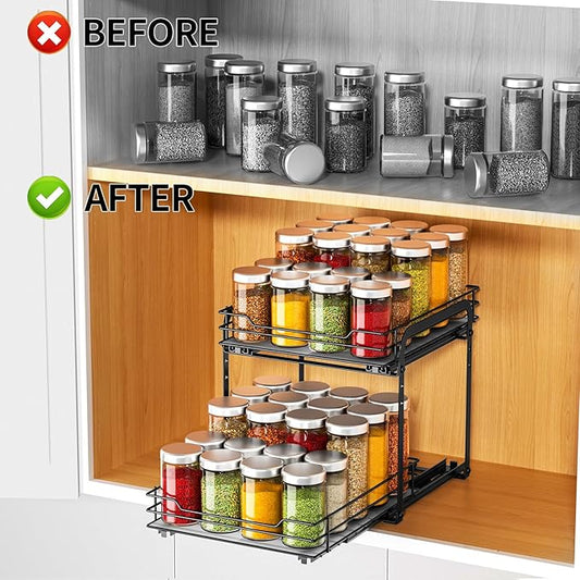 RCHYFEED Spice Rack Organizer for Cabinet, 2 Tier Pull Out Spice Racks for Inside Cabinets & Pantry, Height Adjustable Heavy Duty Vertical Spice Shelf for Seasoning Organizer(9.5" Wx10.5 Dx9.5 H)