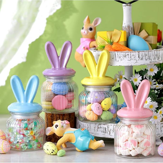 Nitial 4 Pcs Easter Glass Jar with Cap Bunny Ear Egg Clear Candy Jar Decorative Food Storage Canister with Airtight Ceramic Lid for Eater Party Tea Cookie Table Decoration(22 oz,Rabbit Ear)
