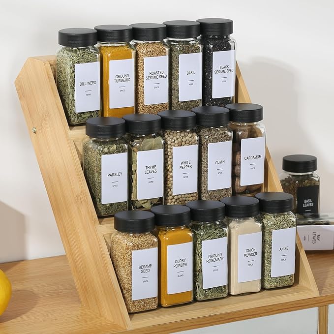 36 Glass Spice Jars with Labels,Spice Jar Set,4oz Seasoning Containers,Spice Containers with Black Airtight Lids and Shaker Lids,Square Empty Spice Bottles, 492 Labels,2 Marker Pens,1 Funnel