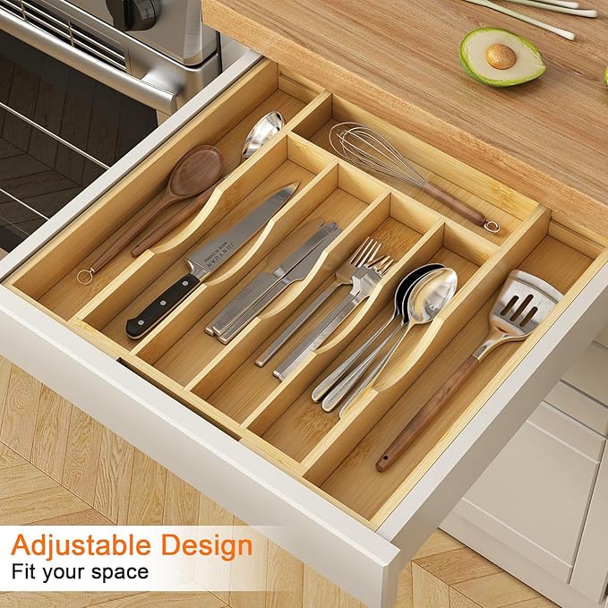 Bamboo Utensil Organizer for Kitchen Drawers, Expandable Utensil Tray and Cutlery Silverware Holder,Wood Drawer Dividers with 7 Adjustable Slots