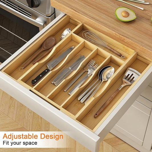 Bamboo Utensil Organizer for Kitchen Drawers, Expandable Utensil Tray and Cutlery Silverware Holder,Wood Drawer Dividers with 7 Adjustable Slots