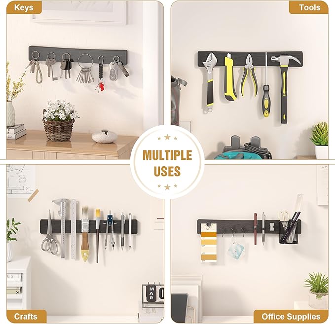 Magnetic Knife Holder for Wall, 16" Acacia Wood No Drill Knife Magnet Strip Use as Tool Key Storage Knife Bar, Powerful Wall Mounted Magnetic Knife Rack for Refrigerator & Kitchen Utensil Organizer