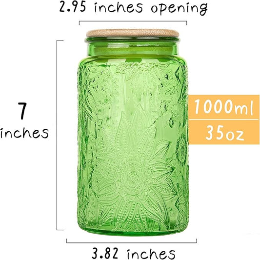 Glass Storage Jars With Airtight Lid, 35oz Canister For Kitchen Counter with Bamboo Lid, brown sugar, candy, coffee, cookie, salt, tea,pantry cute Jar (Green, 35 fl oz)