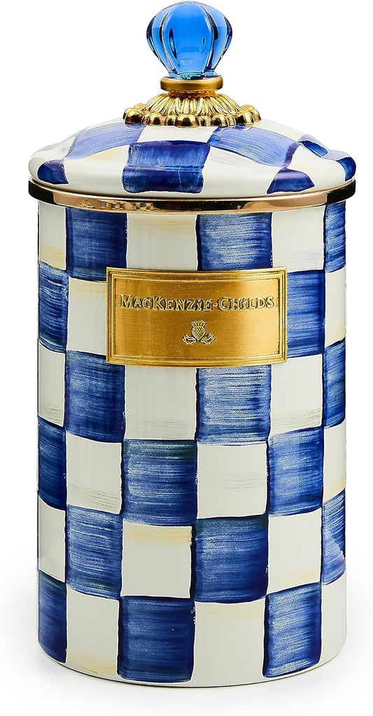 MACKENZIE-CHILDS Large Enamel Canister, Kitchen Storage Container for Flour and Sugar, 1.89 Liters, Blue-and-White Royal Check