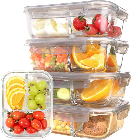 5 Pack, 35 Oz Meal Prep Containers Reusable, Glass Storage Containers with Lids,Glass Lunch Containers with Lids,Oven and Freezer Safe, Food Storage and Portion Control - light gray