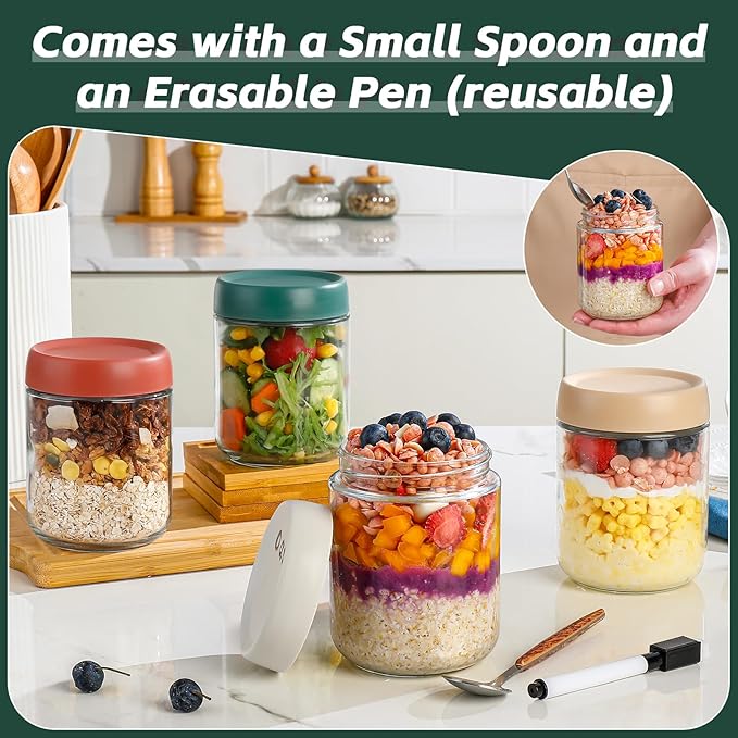 DIMBRAH Overnight Oats Containers with Lids, Mason Jars 16 oz with Lids - Set Of 4, Glass Jar with Lid, Practical Oatmeal Container to Go, Chia Seed Pudding Jars