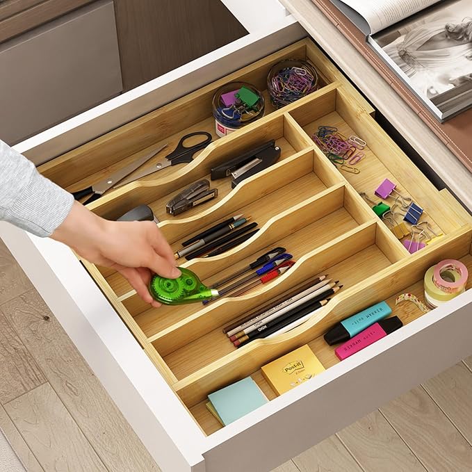 BAMBUROBA Bamboo Kitchen Drawer Organizer,Expandable Silverware Organizer,2 Pack Utensil Holder and Cutlery Tray with 7 Slots,Gadgets Storage Divider,Natural