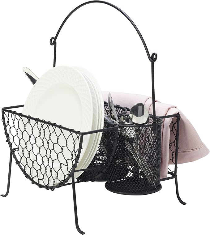Mikasa Gourmet Basics Farmer's Market Picnic Caddy - Expandable Flatware Organizer - Iron Wire Frame with Compartments - Portable Silverware Drawer Organizer with Handle for Easy Carrying