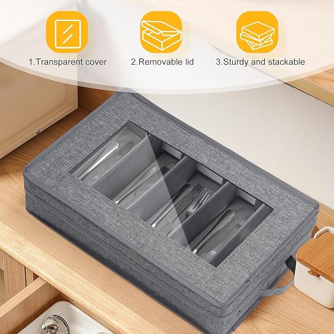 Silverware Storage Box 2 Pack, Flatware Storage Case, Utensil Storage with Removable Lid and Adjustable Dividers for Organizer Utensils, Cutlery, Flatware, Knives, Large Capacity Gray