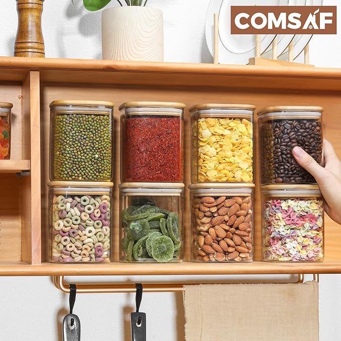 ComSaf 27 oz Glass Food Storage Jars Set of 6, Clear Storage Containers with Airtight Lids, Pantry Organization Jar, Spice Jar, Blooming Tea, Oat, Coffee and Sugar Container, Canister Set for Kitchen