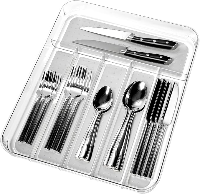 madesmart Silverware Tray - Large | Light Grey | Clear Soft Grip Collection | 6-compartment | Soft-grip Lining | Non-slip Feet | BPA-free