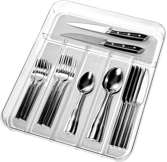 madesmart Silverware Tray - Large | Light Grey | Clear Soft Grip Collection | 6-compartment | Soft-grip Lining | Non-slip Feet | BPA-free