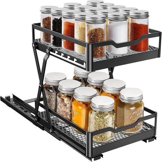 VOGWOLTH Spice Rack Organizer for Cabinet Seasoning Pull Out Pantry Kitchen Closet Storage Shelf Sliding Inside Cabinets Organization Height Adjustable Heavy Duty Metal Basket