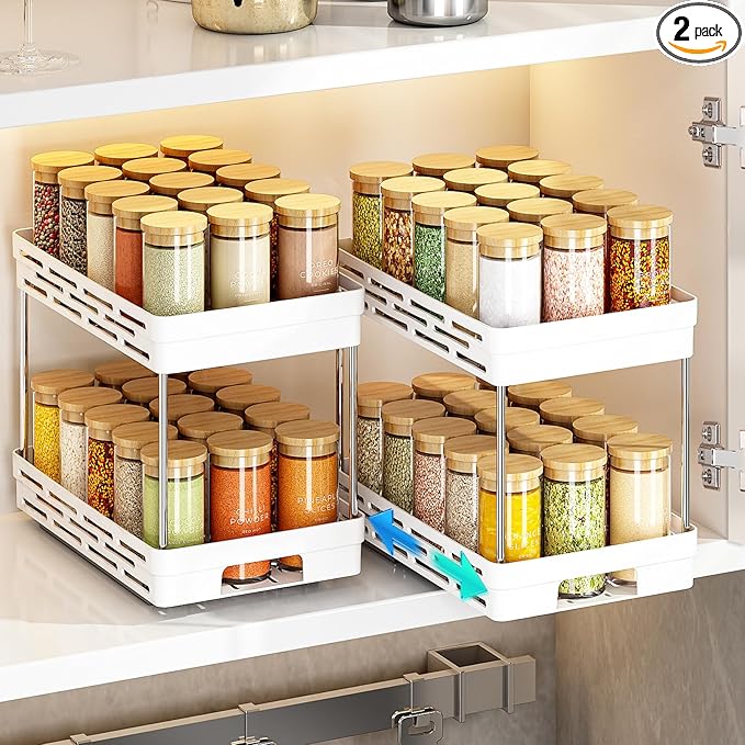Pull Out Spice Rack Organizer for Cabinet, 2 Pack Widen Slide Out Spice Racks Organizer, Easy to Install Durable Spice Cabinet Organizers, 6.4''Wx10.4''Dx8''H, Each Tier Hold 15 Spice Jars - 2 Tier