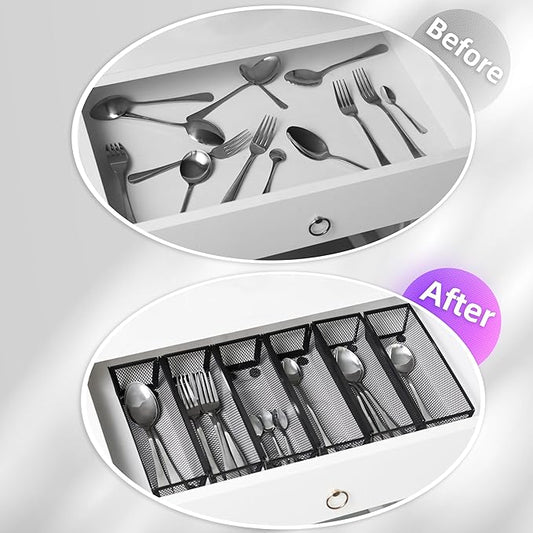 ihomecooker Mesh Tray Silverware Drawer Organizer, Utensil Cutlery Tray Office Supplies with Interlocking Arm Drawer Dividers Organizer for Flatware, Knives,Home,Office, School,Bedroom 9X3＂Black…