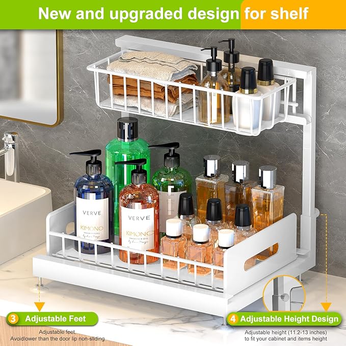 Under Sink Organizer,Pull Out Cabinet Organizer 2 Tier Slide Out Sink Shelf Cabinet Organizer and Storage,Adjustable Metal Under Counter Organizer for Kitchen Bathroom Organization White
