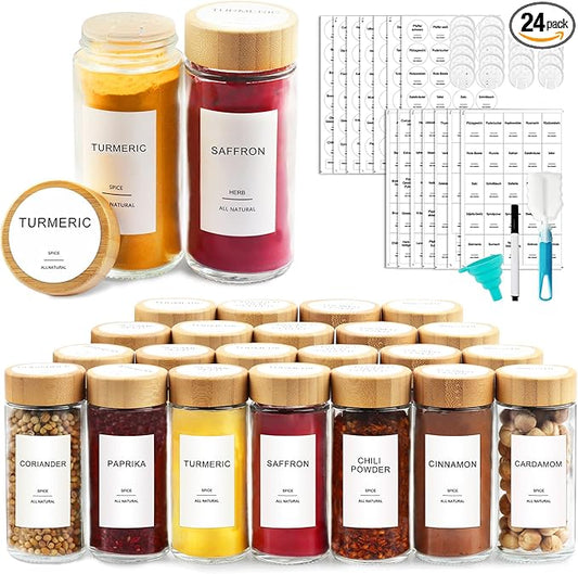 AISIPRIN Glass Spice Jars with 398 Labels-4oz 24 Pcs,Round Seasoning Jars with Bamboo Airtight Lids,Spice Container Set -Shaker Lids, Funnel,Brush and Marker Included