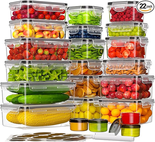 44-Piece Food Storage Containers with Lids(22 Containers & 22 Lids), Plastic Food Containers for Pantry & Kitchen Storage and Organization, BPA-Free, Leak Proof, Reusable with Labels & Pen