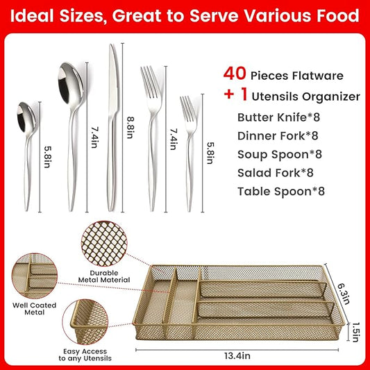 40 Pieces Silverware with Organizer, Stainless Steel Flatware Set for 8, Mirror Polish Utensils Cutlery for Home Kitchen Restaurant Hotel, Include Knives Forks Spoons, Dishwasher Safe