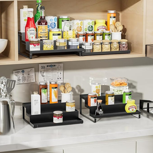 RCHYFEED Spice Rack Organizer for Cabinet, Set of 2 Metal 3 Tier Spice Rack Expandable Display Risers, Seasoning Organizer for Kitchen Cabinet Countertop Pantry Spice Organizer