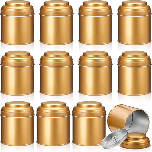12 Pcs Tea Tin Canister with Airtight Double Lids 8 oz Round Tin Can Box Small Kitchen Tea Canister Loose Leaf Storage Containers for Loose Bags Coffee Sugar Candy Spices(Bronze Gold)
