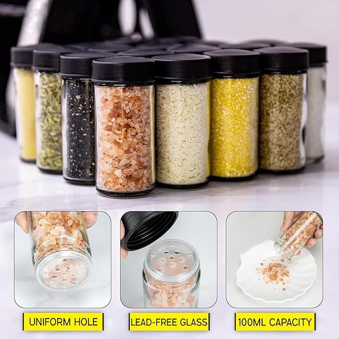 Rotating Spice Rack with 18 Glass Jars, Labels, and Funnel - 360 Degree Rotating Ferris Wheel Revolving Spice Rack Organiser for Seasoning & Herbs -Gift Set As Spice Organiser