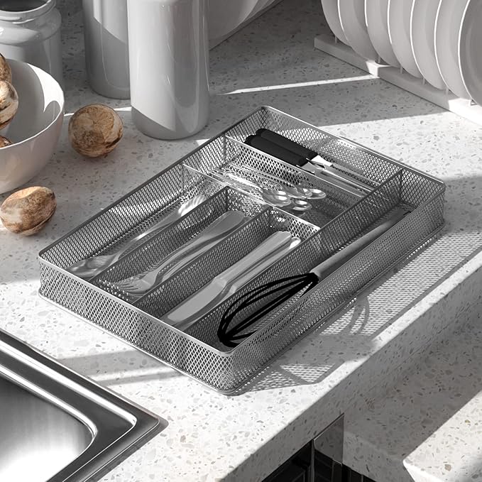 TQVAI Silverware Organizer - 6 Slots Non-Slip Mesh Kitchen Drawer Organizer - Metal Compact Utensil Cutlery Holder in Drawer Tray, Silver