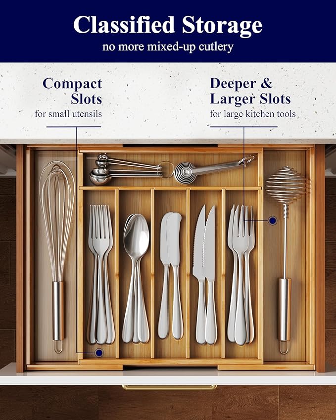 Kitsure Large Thickened Silverware Organizer - Expandable Bamboo Kitchen Drawer Organizer for Cooking Utensils and Cutlery, Sturdy Kitchen Organizers and Storage Solution, 18.5"×13.3"×1.8"