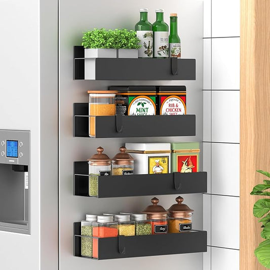 4-Piece Extra-Large Capacity Magnetic Spice Rack for Refrigerator, Matt Black