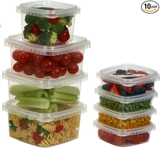 Decony 64 oz. Square Clear Deli Food Storage Containers With Lids Airtight Tamper evident system easy stackable saver shape Restaurant Take Out/Freezer microwave and dishwasher safe - 10 sets