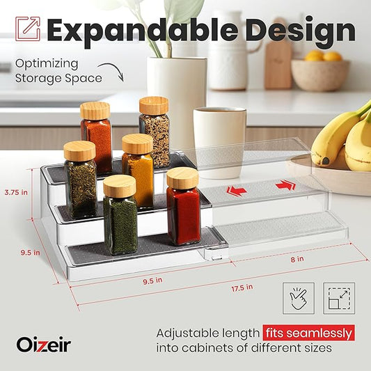 Expandable Spice Organizer Rack (2-PACK) - 3-Tier - Clear Adjustable Tiered Shelf Spices Organization for Kitchen Cabinet and Pantry Storage