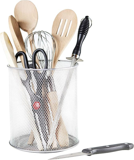 YBM Home Mesh Stainless Steel Kitchen Utensil Holder Keeps Cooking Tools & Silverware Organized and Accessible, Simple Round Cutlery Caddy Organizer for Counter, Kitchen, Table - Silver, 1 Unit 2375-1