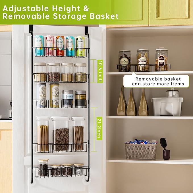Over the Door Organizer, 6-Tier Kichen Organizer and Storage with Detachable Metal Baskets, Space Saving Hanging Spice Rack Organizer for Kitchen Pantry Bathroom Bedroom