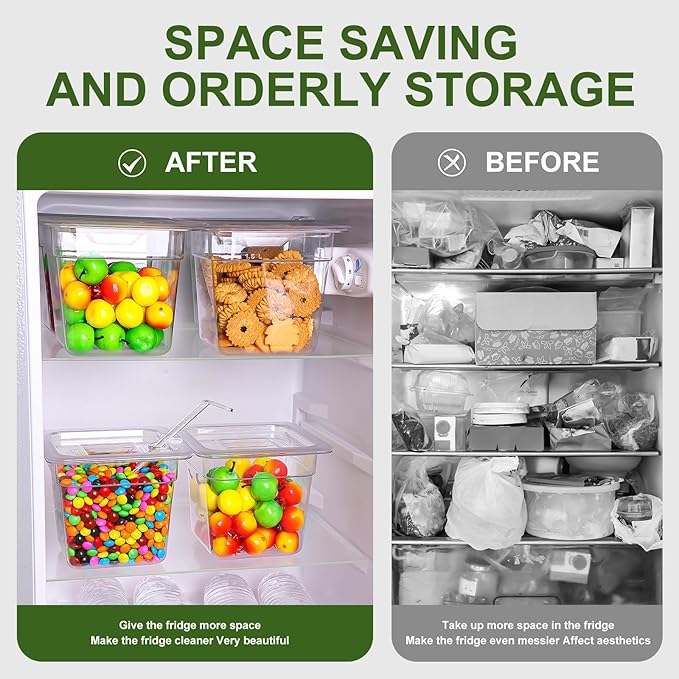 12 Pack Plastic Food Pan with Lids 1/6 Size 6'' Deep Restaurant Food Containers Stackable Clear Polycarbonate Commercial Hotel Pans with 1 Plastic Spoon for Fruits Vegetables