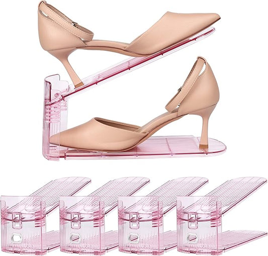 Yes!Fresh Shoe Slot Organizer, Boutique Display Style Shoe Stacker for A Pair of Shoes, Separable Shoe Rack for Closet Organization, 3 Adjustable Narrow Shoe Rack (Pink, 4 Pack)