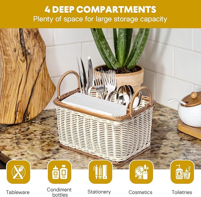 Cabilock Wicker Flatware Organizer, Cutlery Holder for Countertop, Woven Cutlery Storage with Handles, 4 Compartments Utensil Tableware Basket