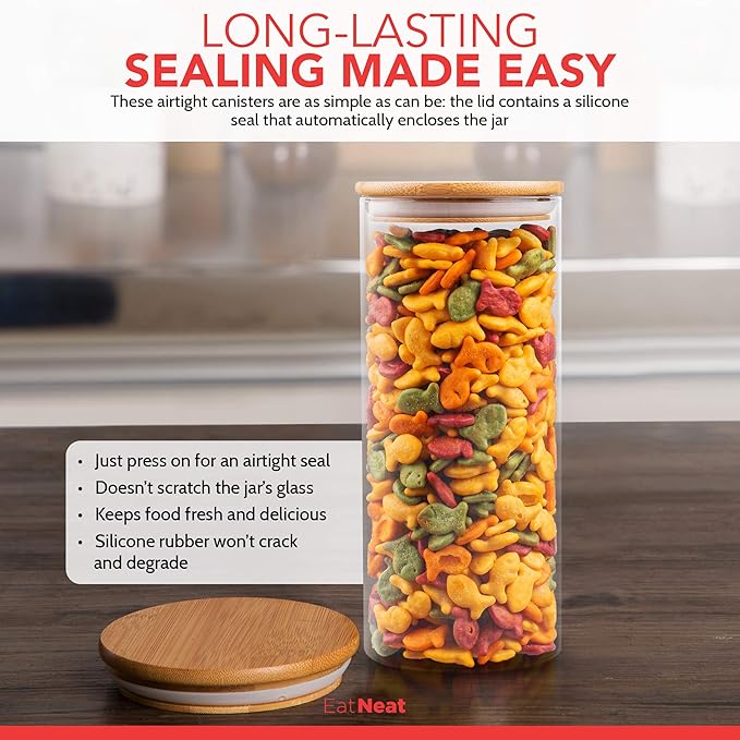 EatNeat Set of 4 Glass Canisters with Airtight Bamboo Lids - Stylish Kitchen Countertop Containers for Storage - Modern Jars for Food Organization - Clear and Natural Finish, Various Sizes