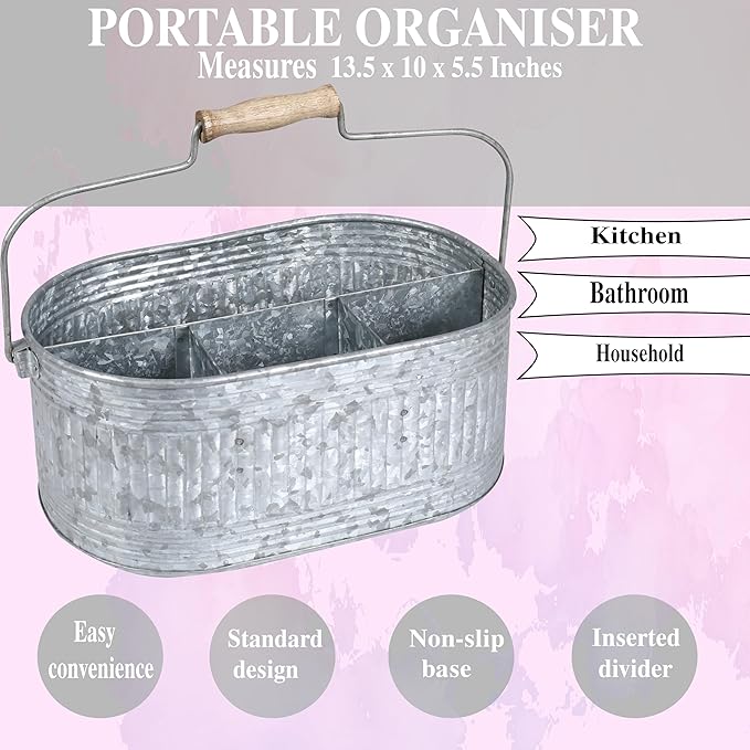 CLEENTABLE Farmhouse Galvanized Metal Utensil Caddy – 4-Compartment Silverware Organizer with Removable Handle for Countertop, Picnic & Party Use (10"x6.5"x5.5", Grey)