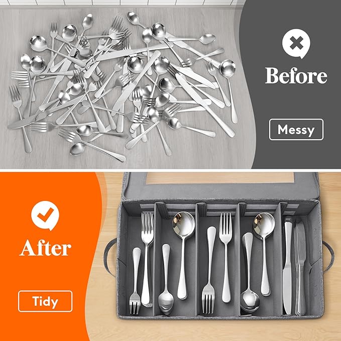 Lifewit Silverware Storage Box, Flatware Organizer with Zipper Lid, 5 Compartment Cutlery Case with Adjustable Divider and Handle, Utensil Container for Spoon Fork Knives Tableware, Gray, 1 Pack