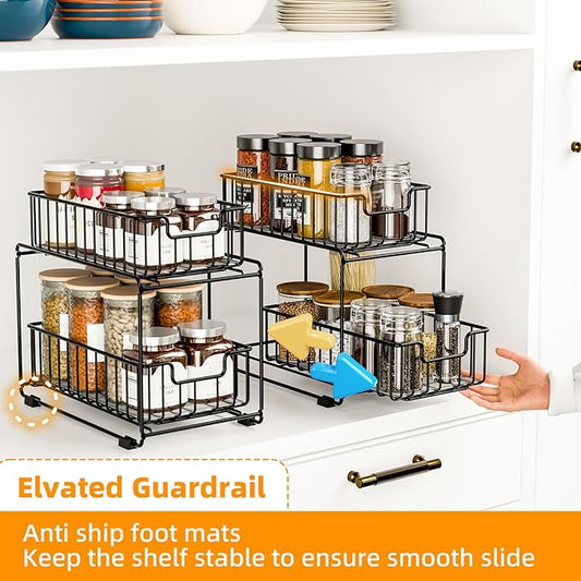 Under Sink Storage Spice Rack Organizer for Cabinet, Heavy Duty Metal Kichen Organizer with Slide Drawer, Black