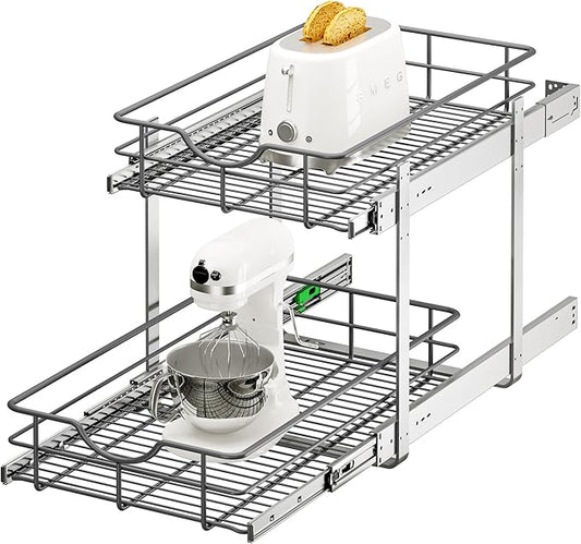 ALINE FURNITURE 2-Tier Pull Out Cabinet Organizer - 14" W x 22" D Soft Close Pullout Shelves for Kitchen Cabinets - Slide Out Drawers, Heavy Duty Steel Wire