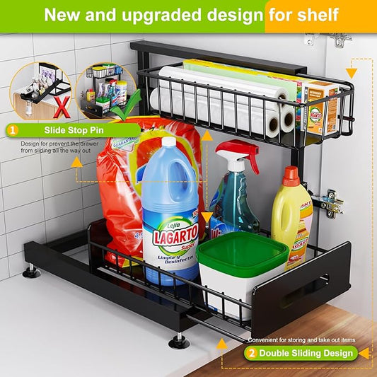 Under Sink Organizer,Pull Out Cabinet Organizer 2 Tier Slide Out Sink Shelf Cabinet Organizer and Storage,L Shaped Under Counter Organizers for Under Kitchen Bathroom Organization