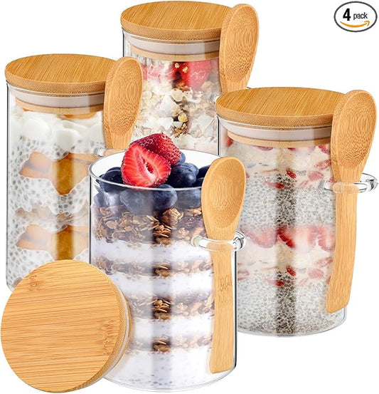 Pickmesh 4 Pcs Overnight Oats Containers with Lids Overnight Oats Jars Oatmeal Cups Square Glass Meal Prep Container with Bamboo Lids and Spoons Glass Jar for Pudding Yogurt (Round Style,16oz, 10oz)