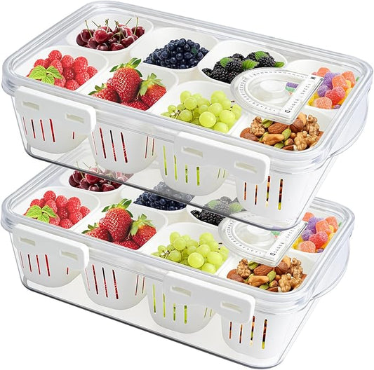 Eanpet 2Pack Divided Serving Tray with Lid 8 Compartment Veggie Tray Portable Square Snackle Box Stackable Travel Snack Platters Charcuterie Food Storage Containers for Fruit,Vegetable,Salad