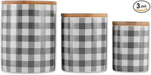 DII Ceramic Canister Sets for the Kitchen Food Safe Storage Containers with Lids, Large, Medium & Small, Buffalo Check, Gray & White, 3 Count